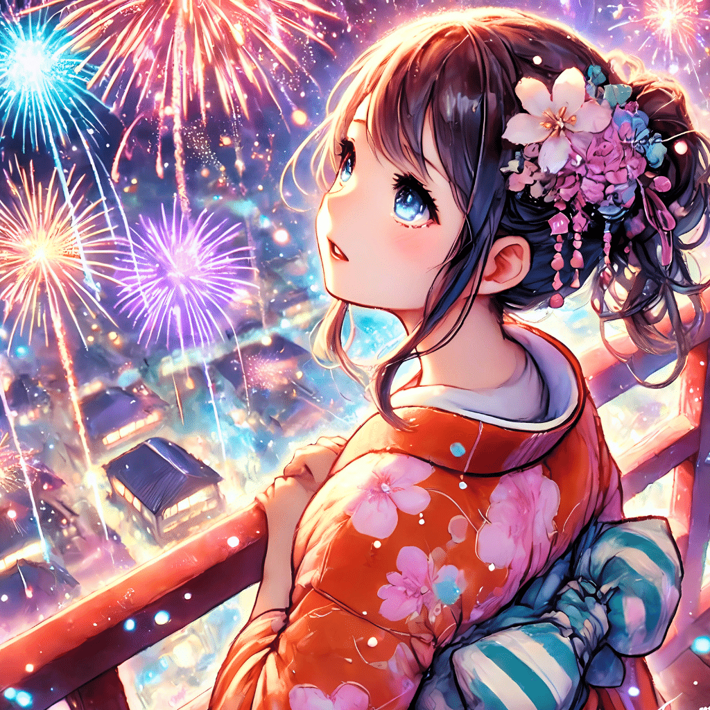 夏夜の花火、見上げて｜AIイラスト｜Alpaka
