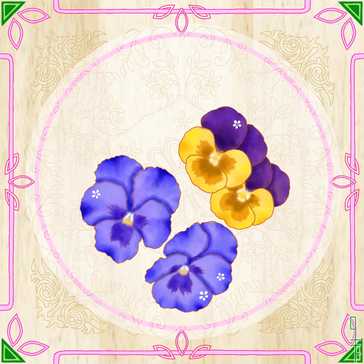 三色菫と蝶々の水彩画クラシカルワンピース