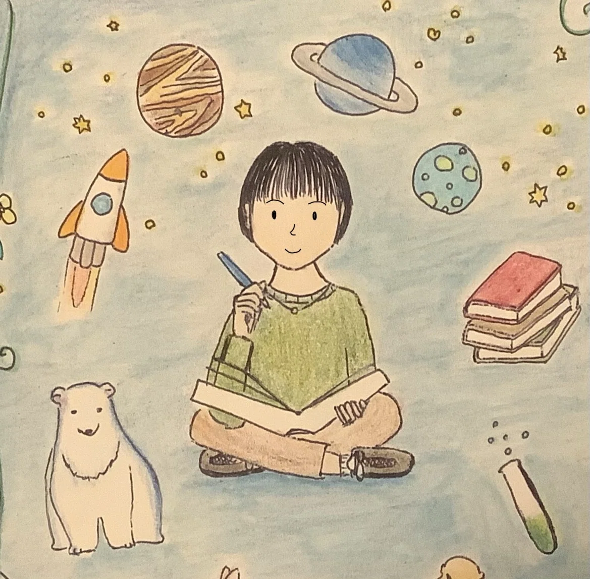 読書をしている私の周りに大好きな宇宙や生き物を描いた絵