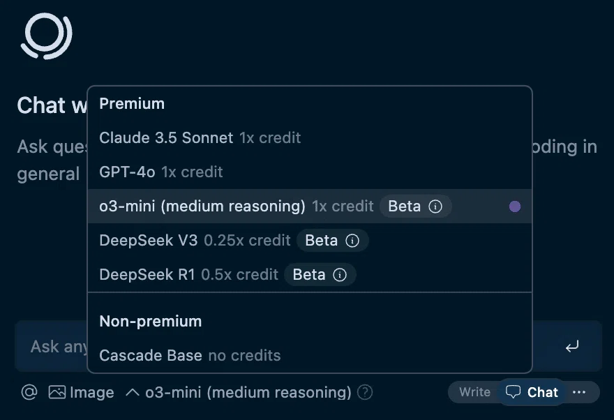 モデル選択:GPT-4o、Claude 3.5 Sonnet、o3-mini (medium)、DeepSeek-V3、DeepSeek-R1、Cascade Base