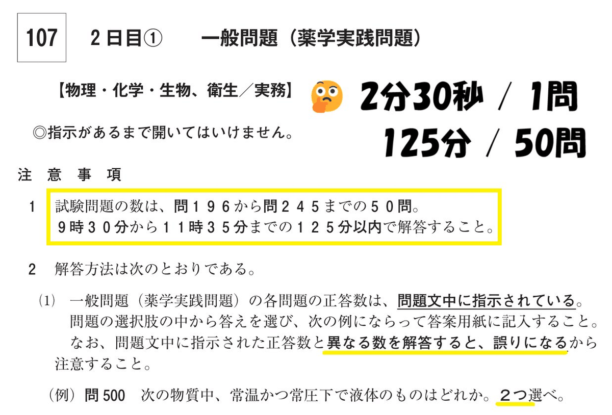 薬学実践問題 2日目(1) 物理・化学・生物、衛生／実務 第107回