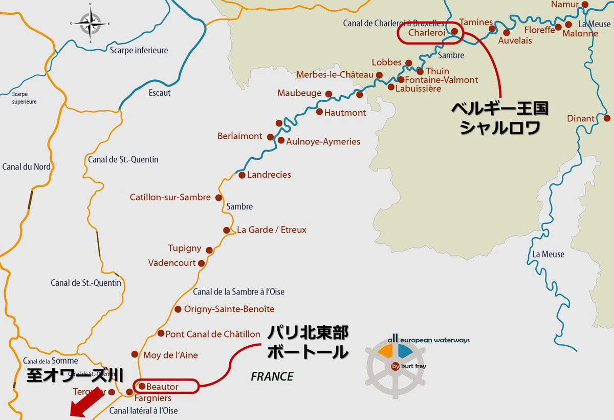 サンブル=オワーズ運河(Canal de la Sambre à l'Oise)の概略図