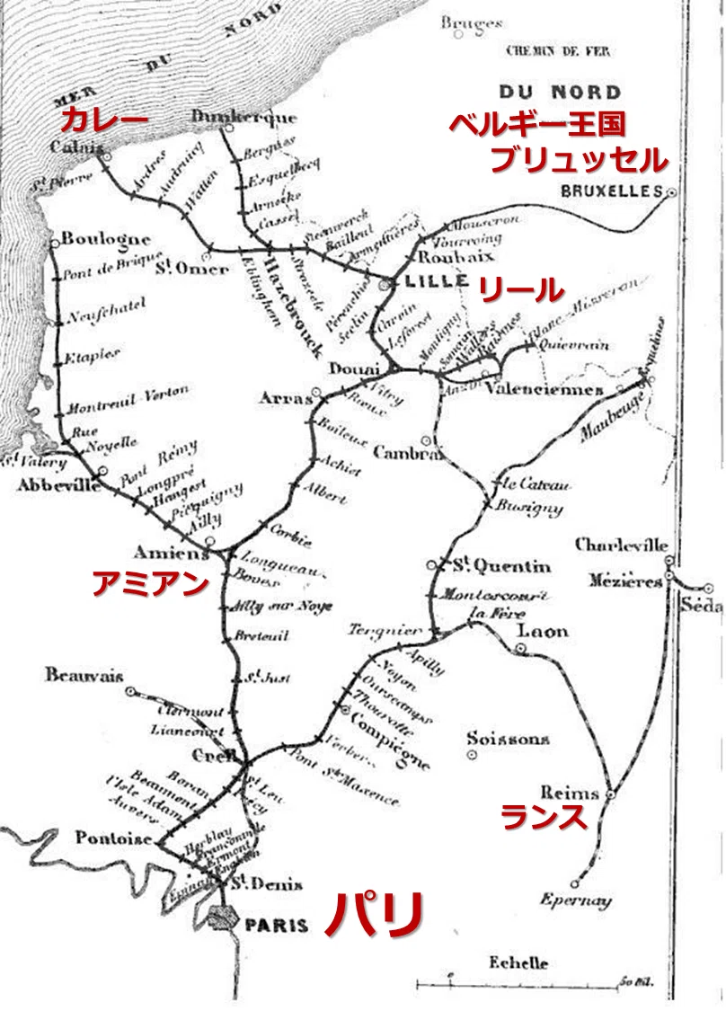 フランス北部鉄道会社の鉄道ネットワーク(1853年頃)