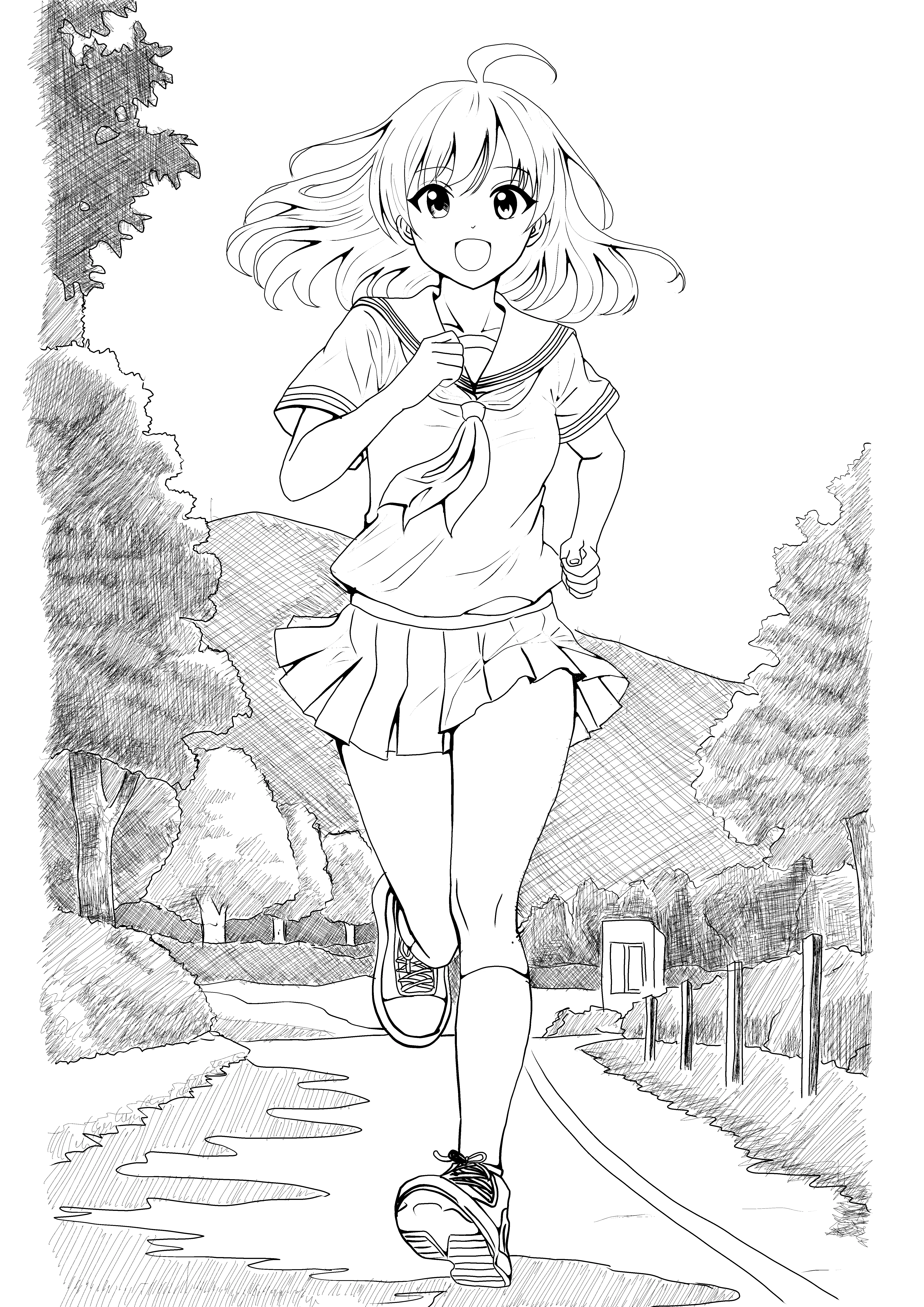 ♯38 走る女の子の絵｜にゃおりん｜線画イラスト練習中