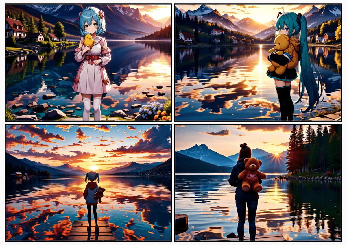 Four anime illustrations of friendly parrots generated by Cliption 2