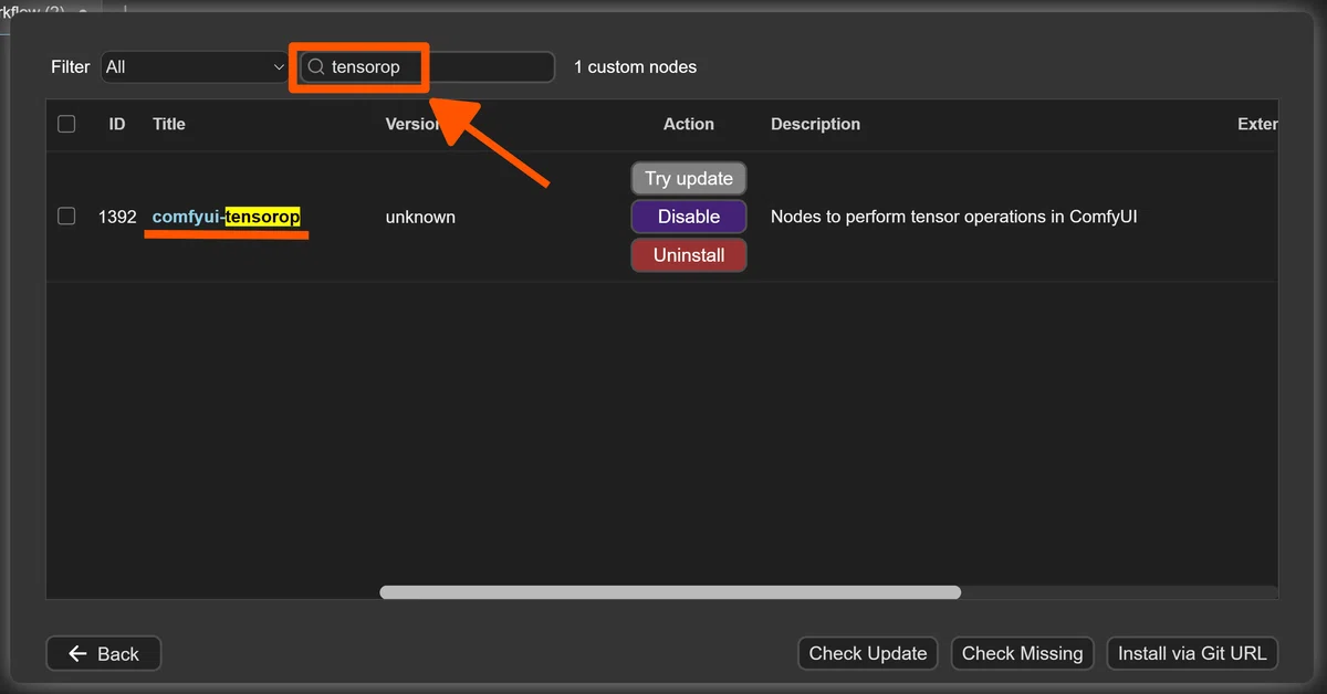 Screenshot of the search screen for tensorop custom node in comfyui manager with comment
