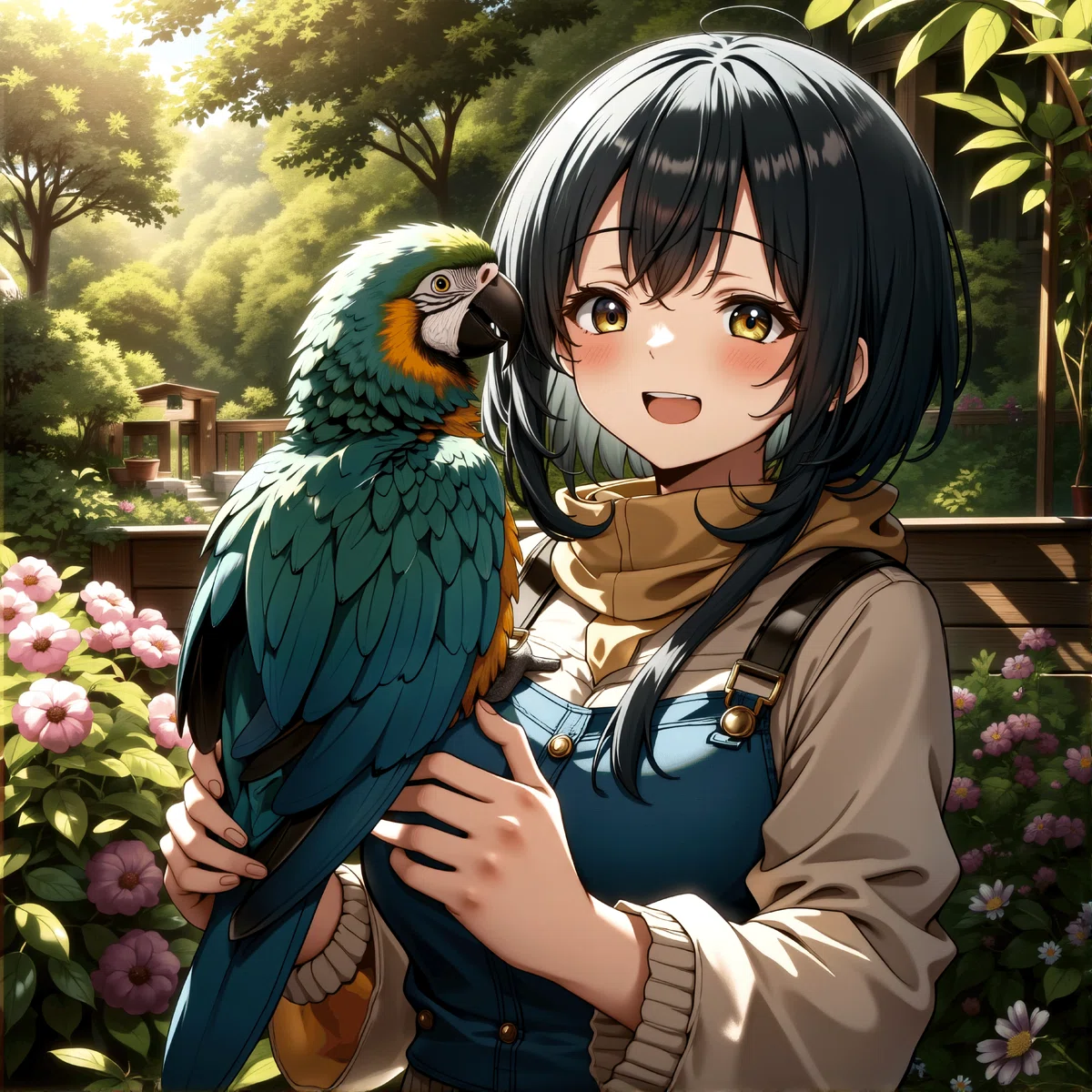 a young female character with blue hair and green eyes holds a colorful parrot in a lush sunlit garden with a wooden house in the background wearing a beige sweater blue overalls
