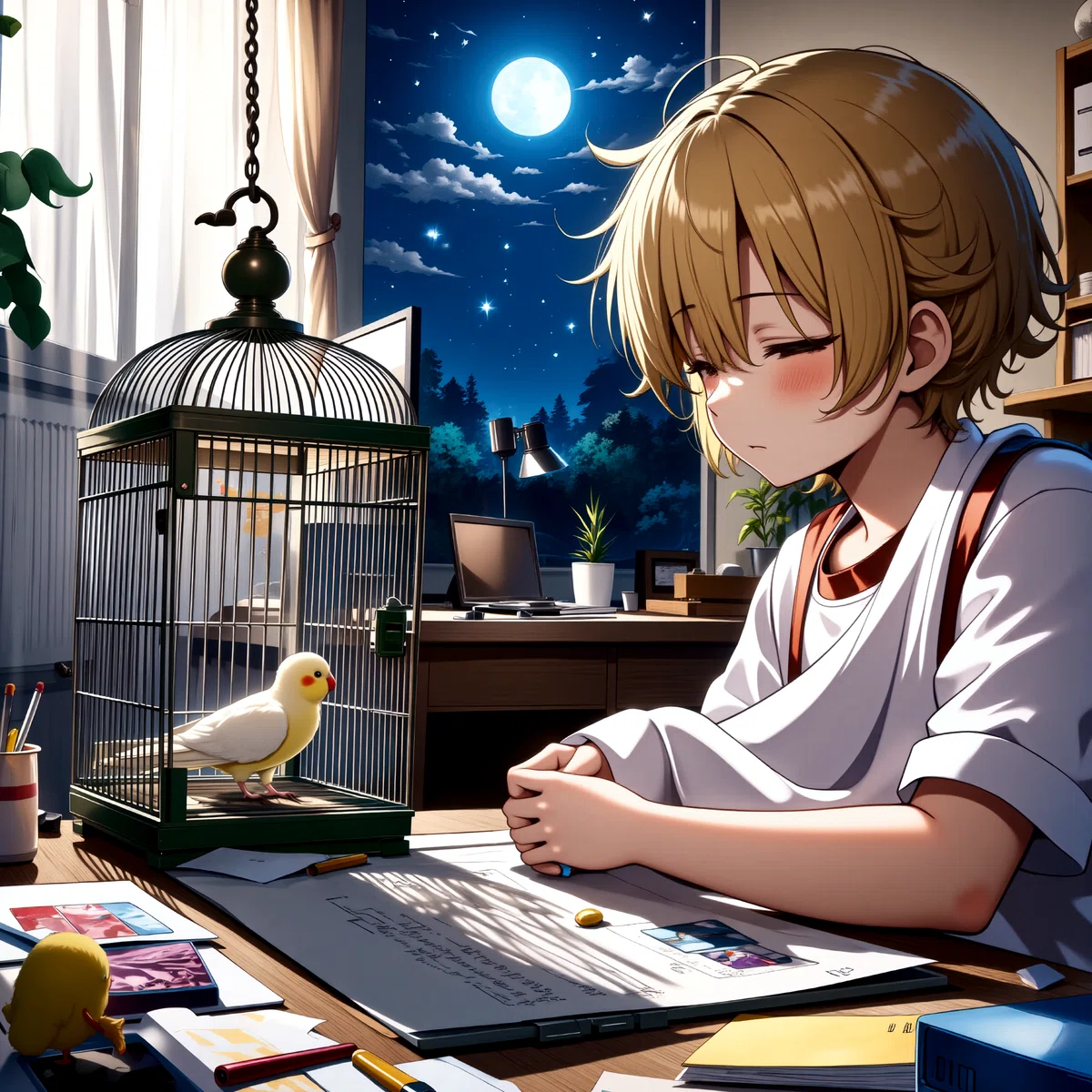 Anime-style drawing of a young boy with short blonde hair sitting at a desk with a birdcage in front of him He is wearing a white t-shirt and has a sad expression on his face