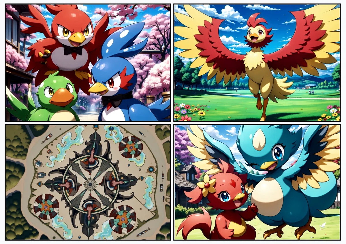 Four anime illustrations of friendly parrots generated by TIPO 1