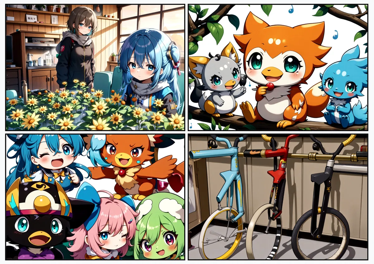 Four anime illustrations of friendly parrots generated by TIPO 2