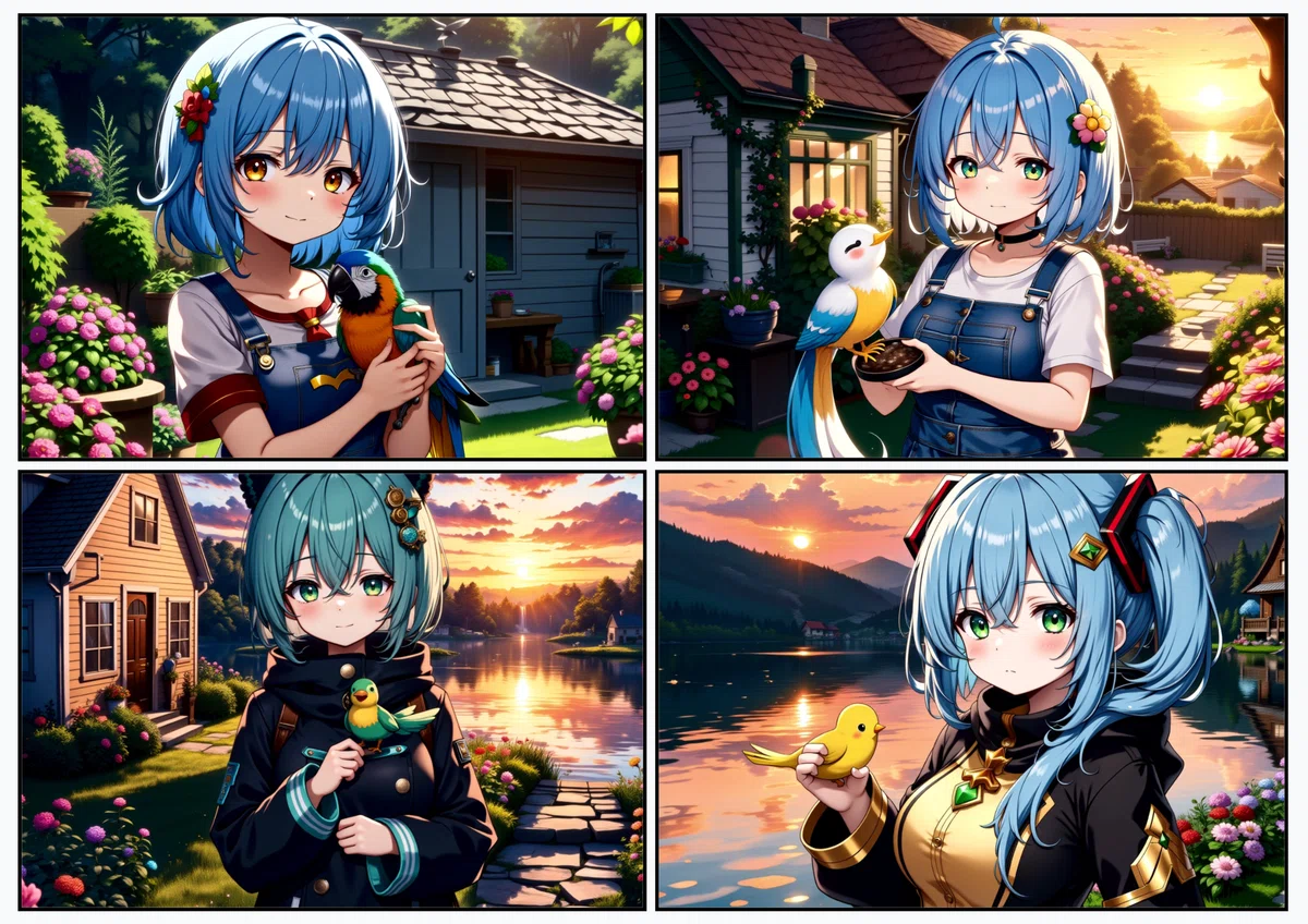 Four anime illustrations of friendly parrots generated by Cliption 1