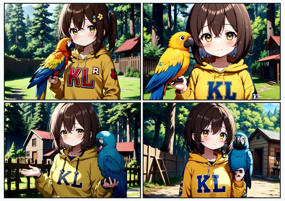 Four anime illustrations of friendly parrots generated by Florence2 2