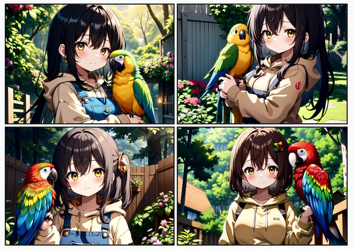 Four anime illustrations of friendly parrots generated by Florence2 1