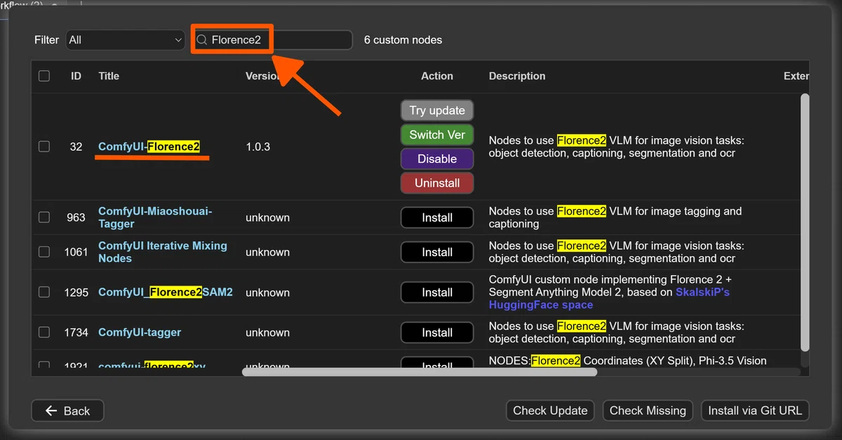 Screenshot of the Florence2Run custom node search screen in comfyui manager with comment