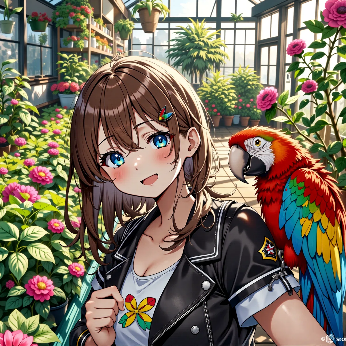 a young female character with brown hair and blue eyes wearing a black leather jacket and holding a colorful parrot stands in a greenhouse surrounded by lush greenery and pink flowers
