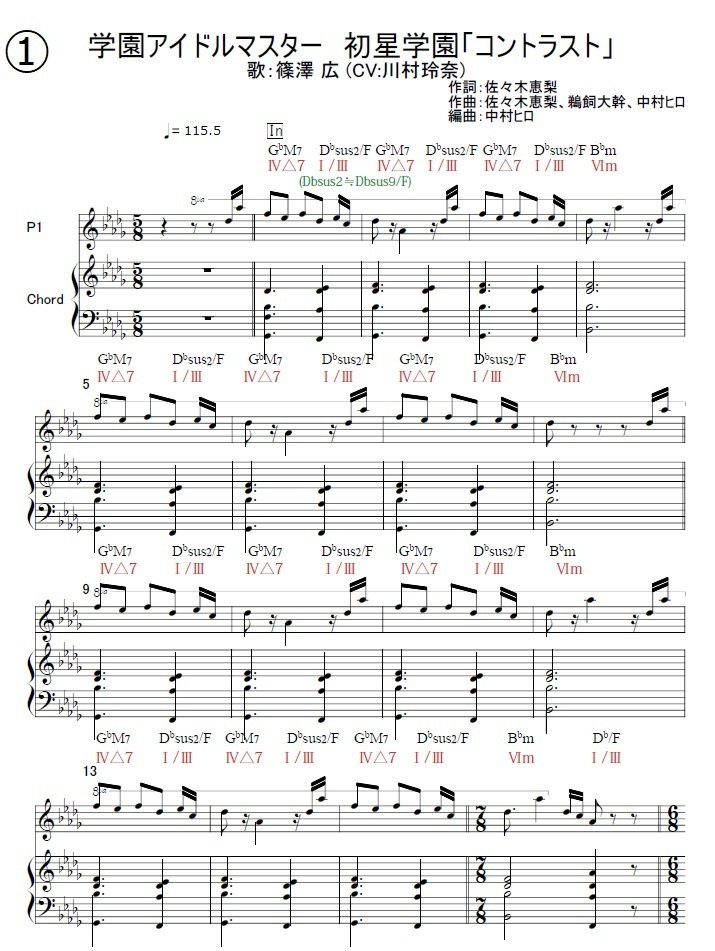 コントラスト 篠澤 広 (CV: 川村玲奈) コード譜 度数付き 学園アイドル