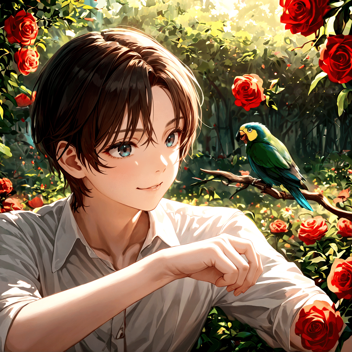 a young man with short brown hair and blue eyes gazes at a green parrot perched on a branch amidst a field of red roses surrounded by a serene and dreamy atmosphere