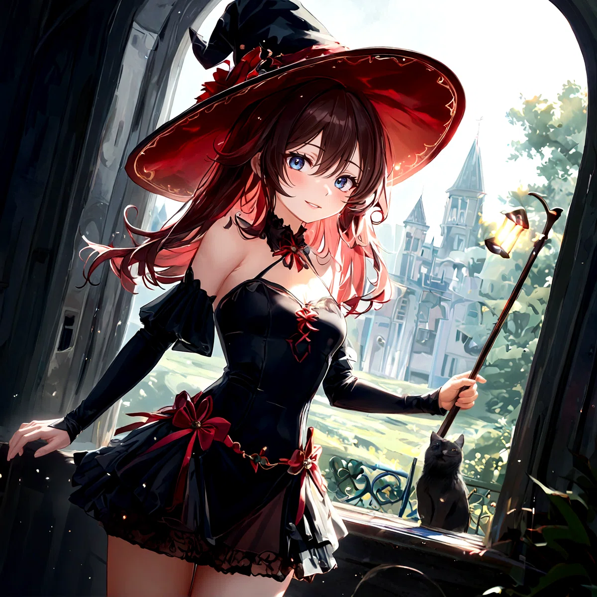 an animated female character resembling a witch stands before a castle holding a staff with a glowing orb. her attire includes a black dress with red accents a large black hat
