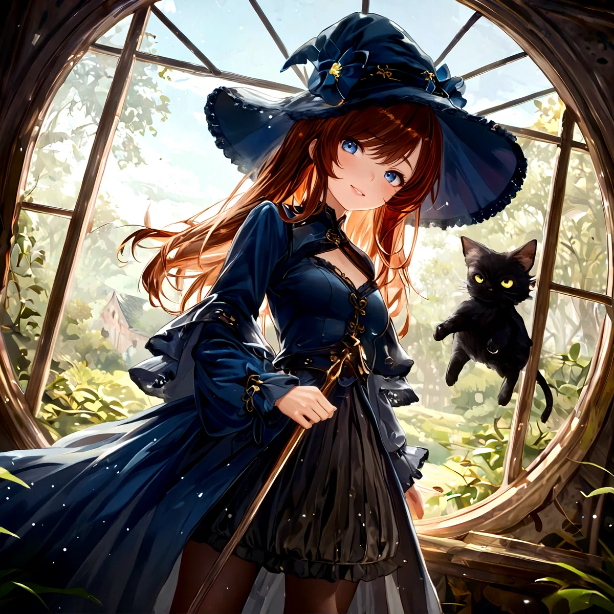 a young woman with long brown hair and blue eyes wears a blue dress holding a staff with a black cat perched on her hat
