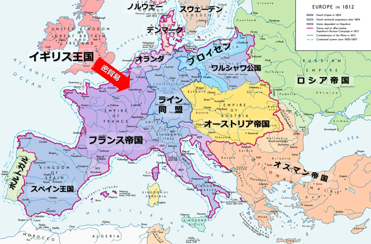 大陸封鎖令当時のヨーロッパ勢力図（1812年頃）
