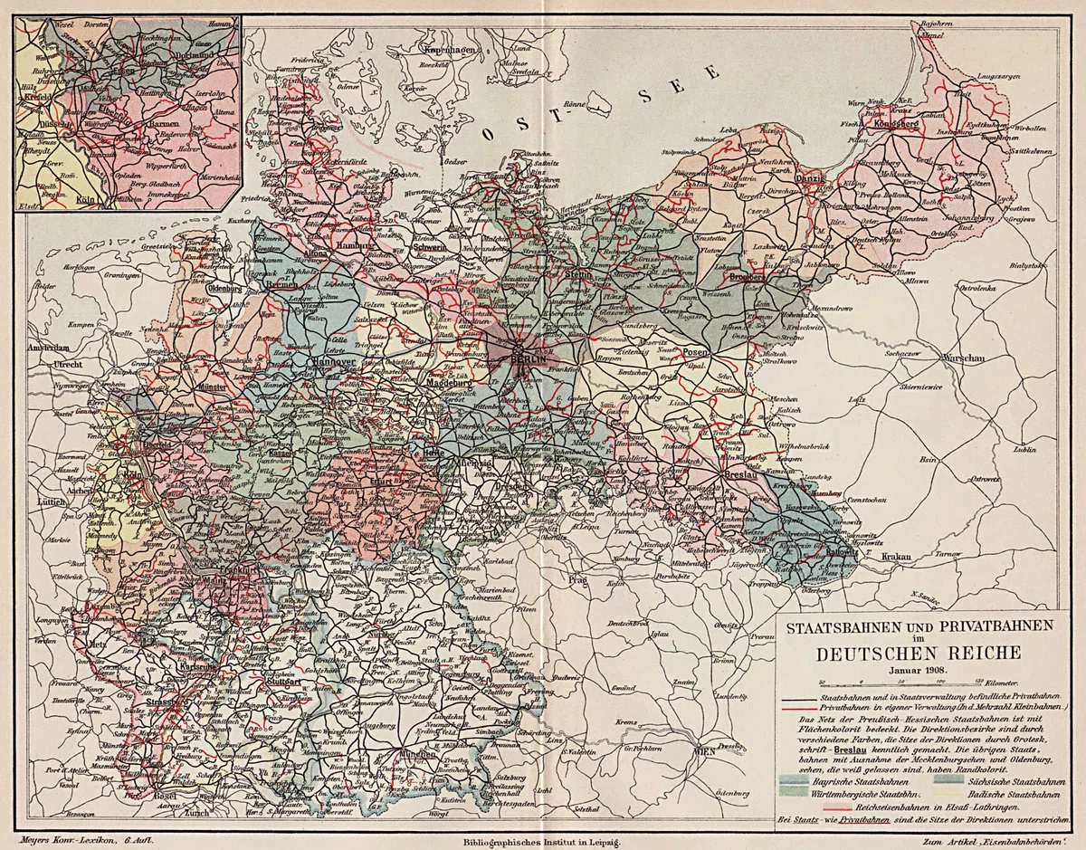 1908年のドイツ帝国における国営鉄道・私営鉄道の路線図
