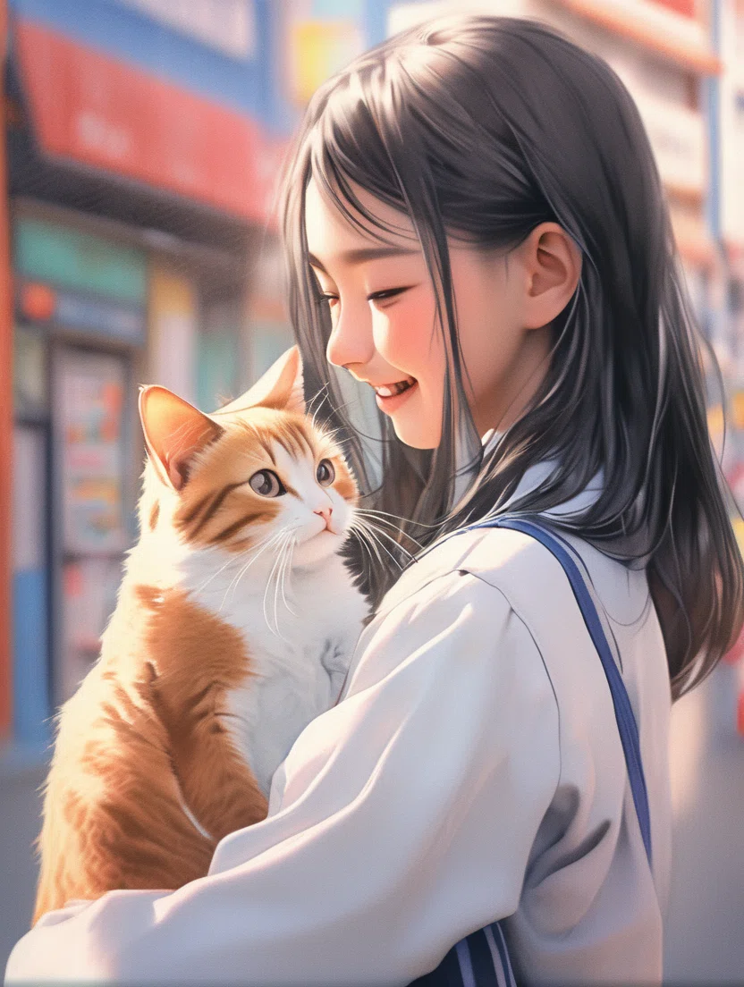 ネコを抱く女子高生｜キータン🦋写真とAIで紡ぐもう1つのリアル✨