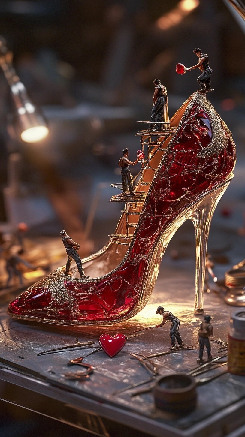ミニチュア作業員が修復する赤いハイヒールのMidjourneyイメージを作