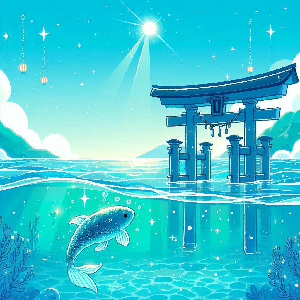 大海原にぽつんと鳥居&不思議な魚【AIイラスト】｜ZON-ZON