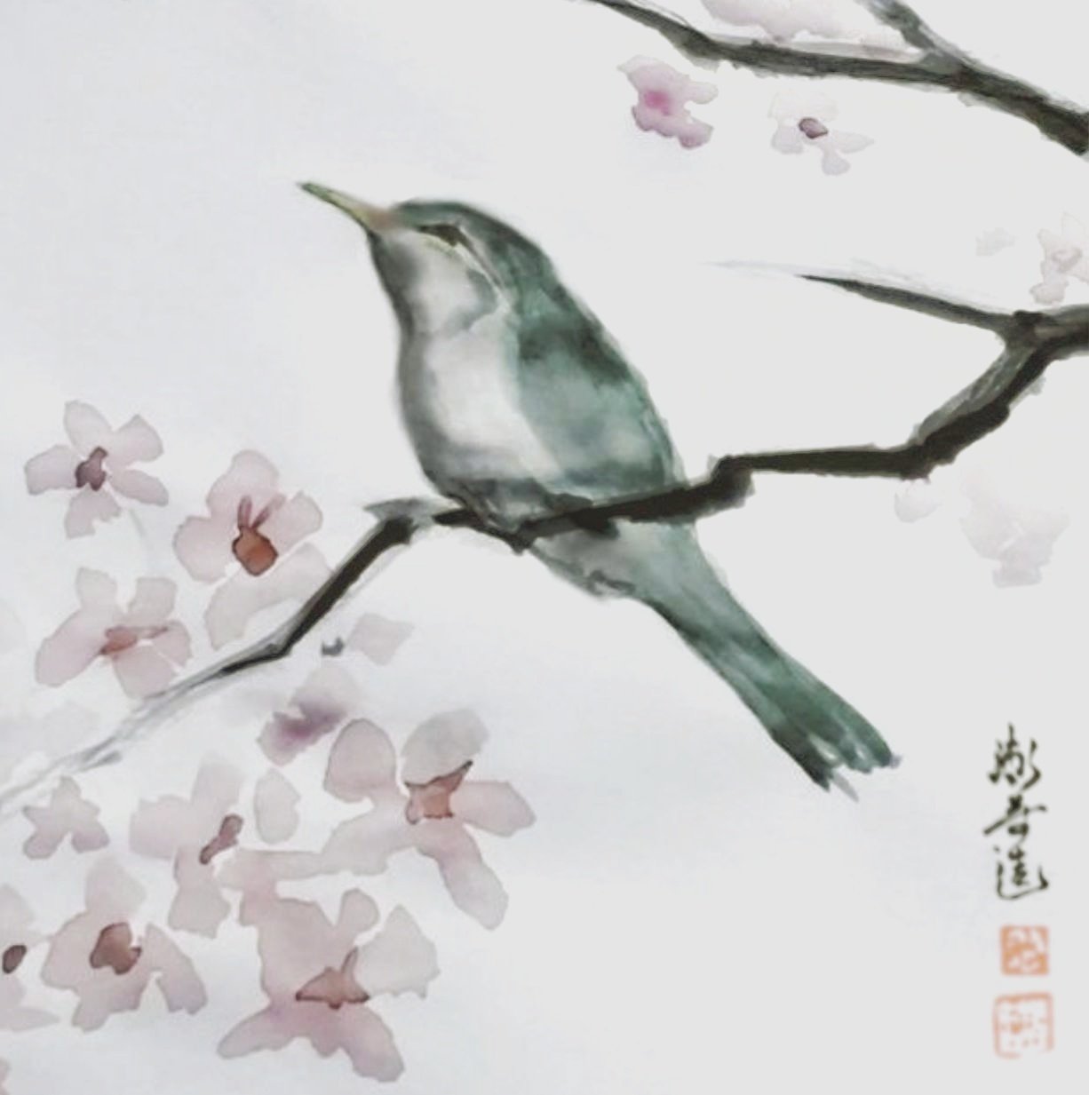 桜に鶯』墨彩画｜せきぞう、
