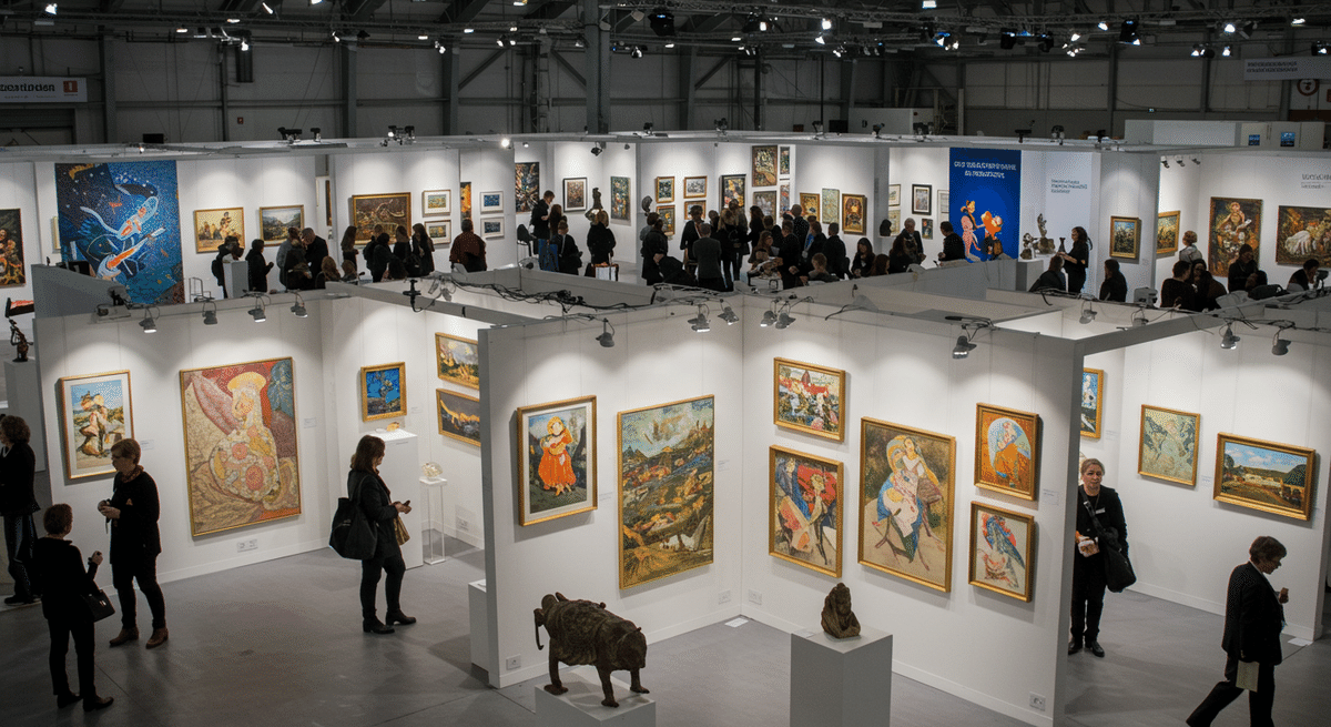 A sophisticated gallery space showcasing a collection of artworks under beautifully adjusted lighting. The background conveys the lively atmosphere of an art fair.