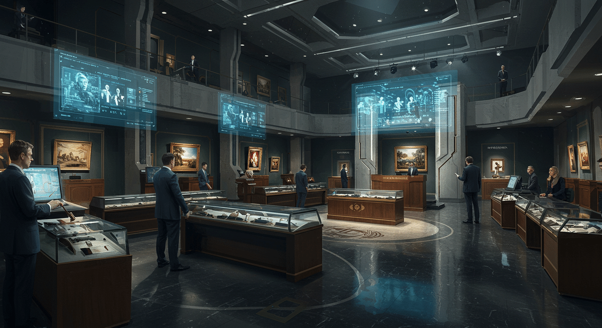 A futuristic auction house blending traditional auction elements with advanced digital technology. The venue features a sleek, near-futuristic design where participants confidently engage in secure transactions.