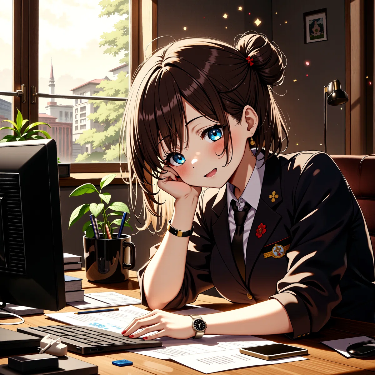 Anime illustration of young woman sitting at a desk with a thoughtful expression wearing a school uniform
