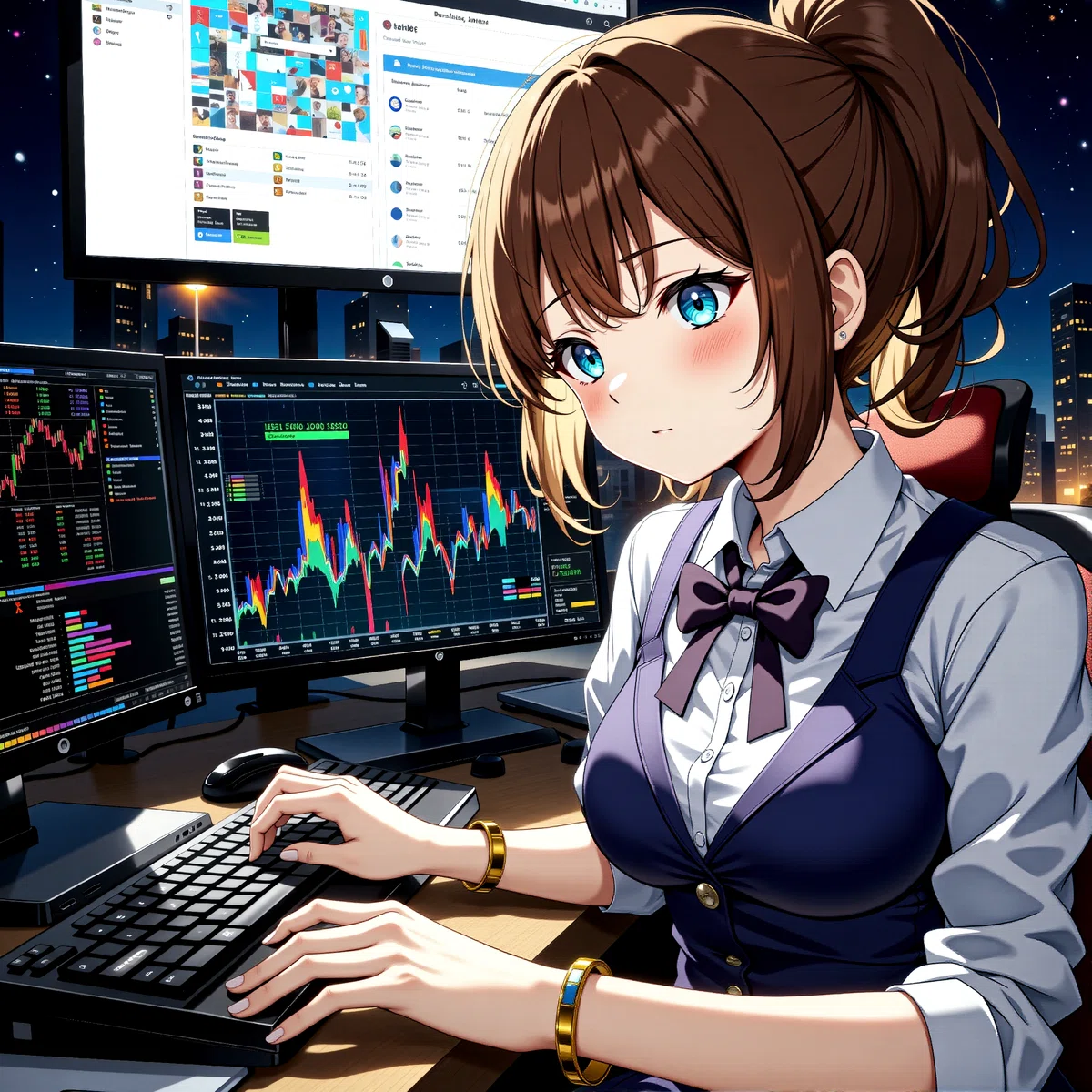 Anime illustration of
young woman sitting at a desk in front of multiple computer screens displaying stock market data