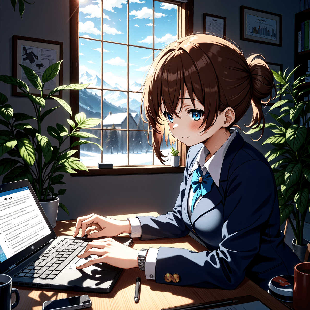 Anime illustration of  young woman in a business suit sitting at a desk with a laptop looking out a window showing a snowy mountain landscape