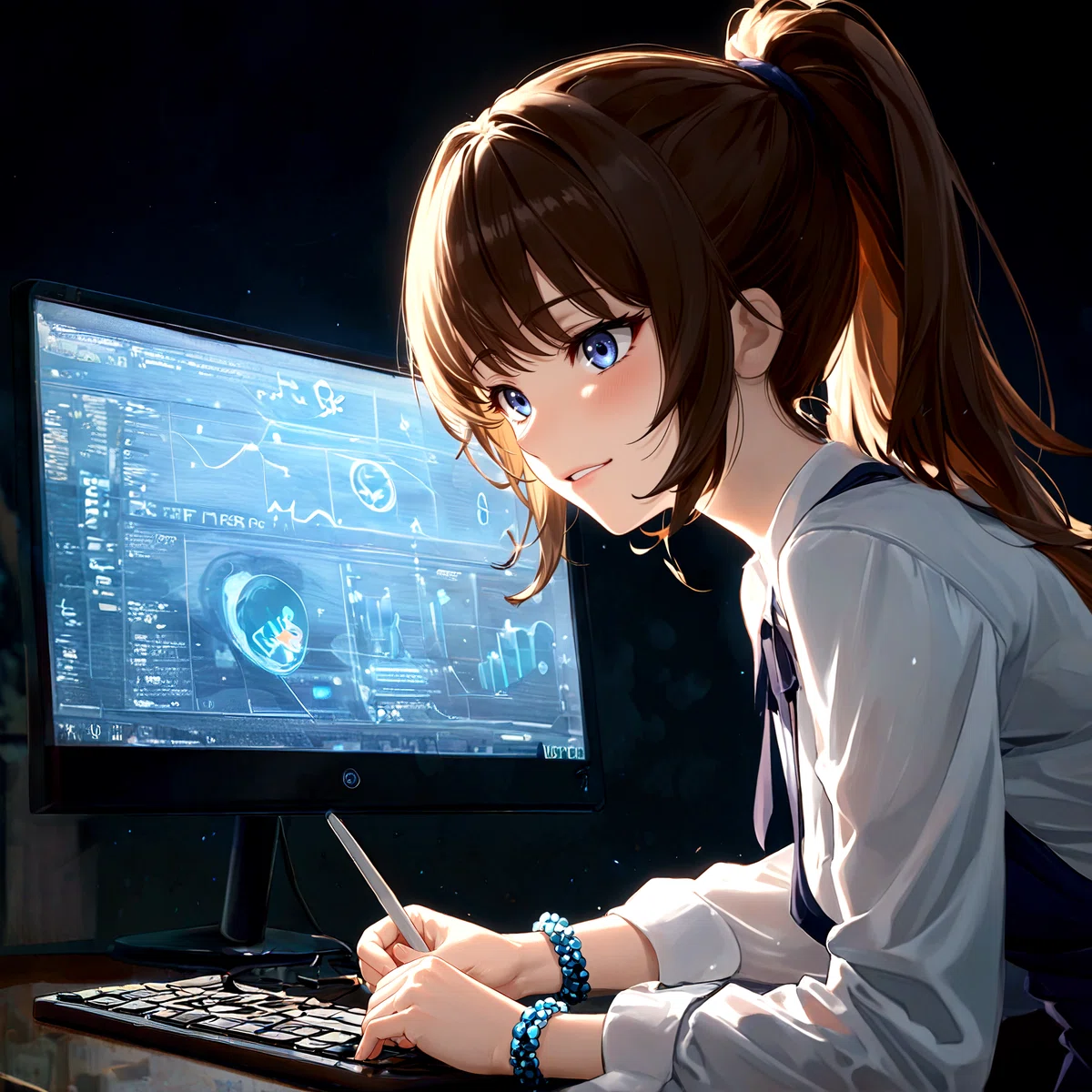 Anime illustration of young woman sitting at a desk in front of a computer displaying blueprints