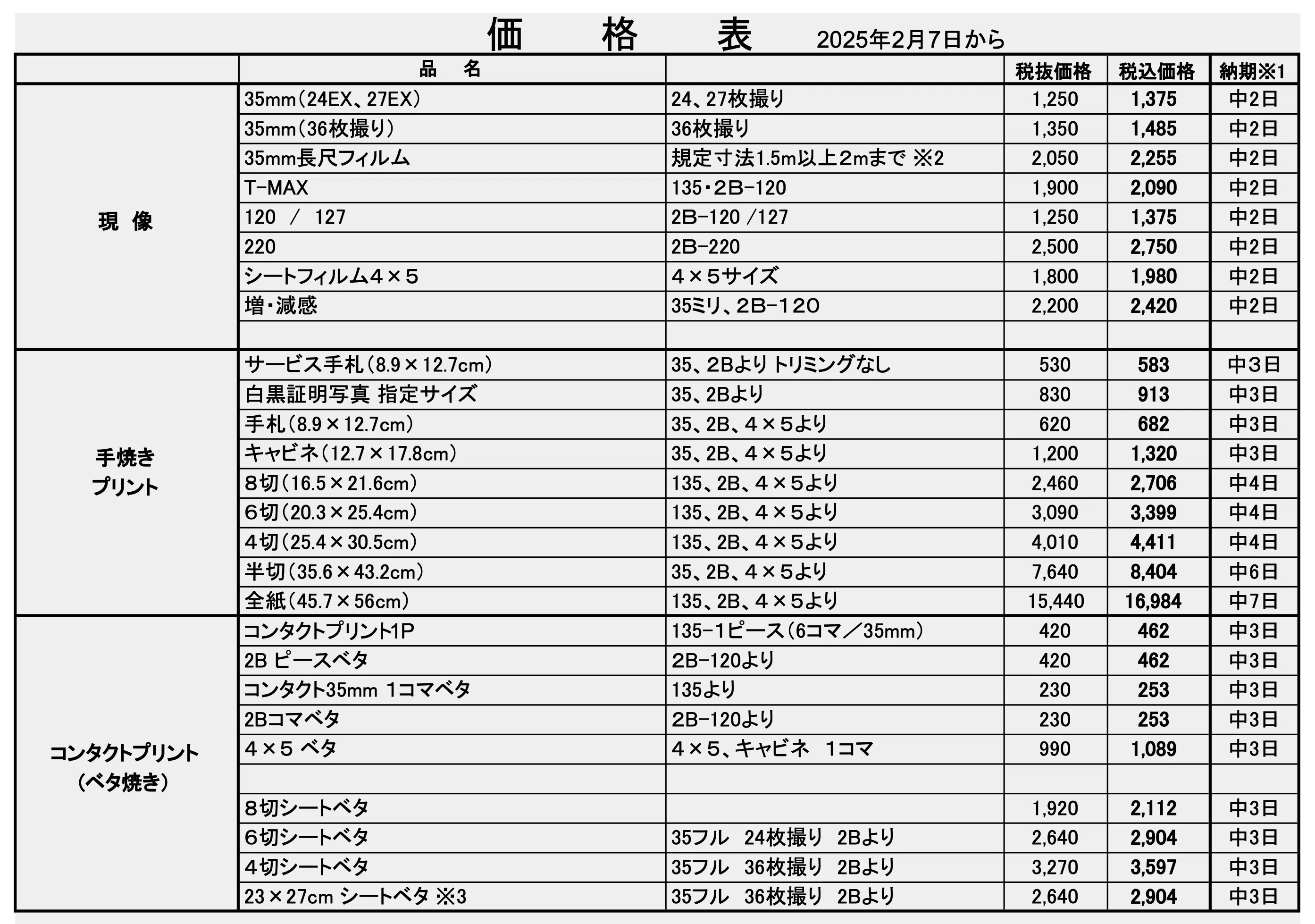 白黒フィルム現像／白黒プリント価格表（2025年2月7日〜）｜白黒写真