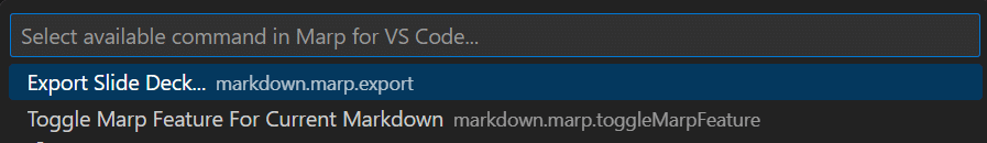 VS Codeのコマンド選択で、Marp for VS Codeのコマンドが実行できる