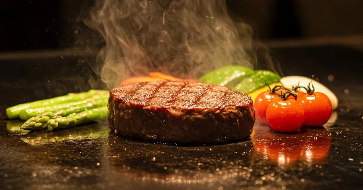 高級ステーキ店での鉄板の上にあるステーキと野菜、ステーキから湯気が出ている画像生成