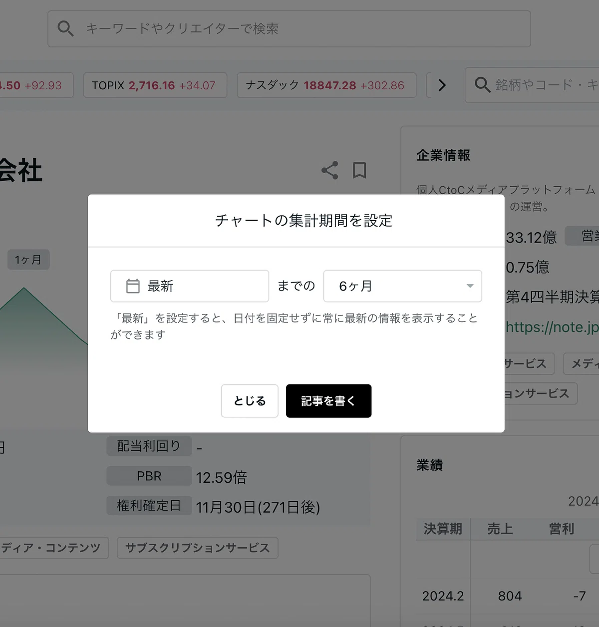 チャートの集計期間を設定する画面