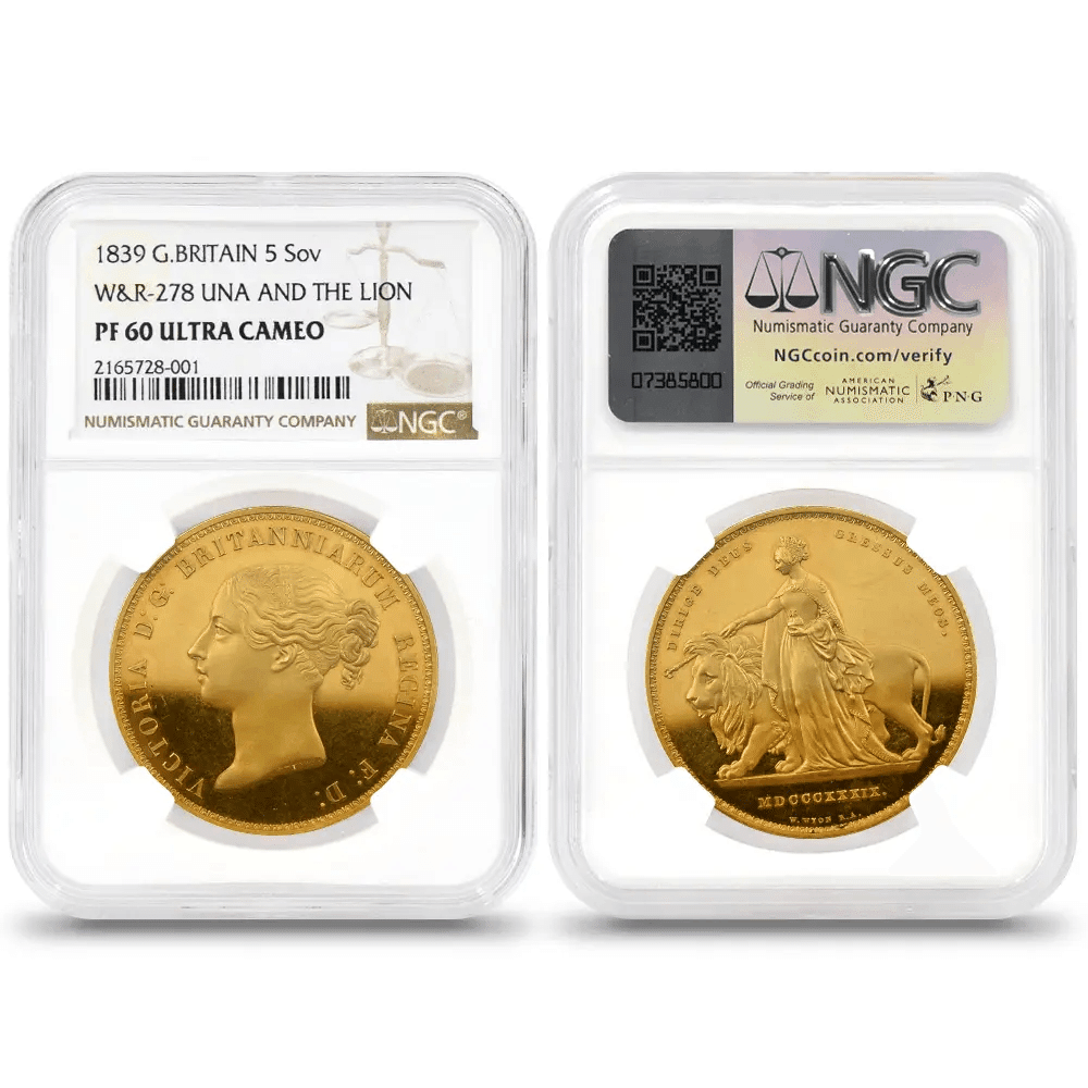 1839 ヴィクトリア女王 ウナ＆ライオン 5ポンド金貨 NGC PF62+UC