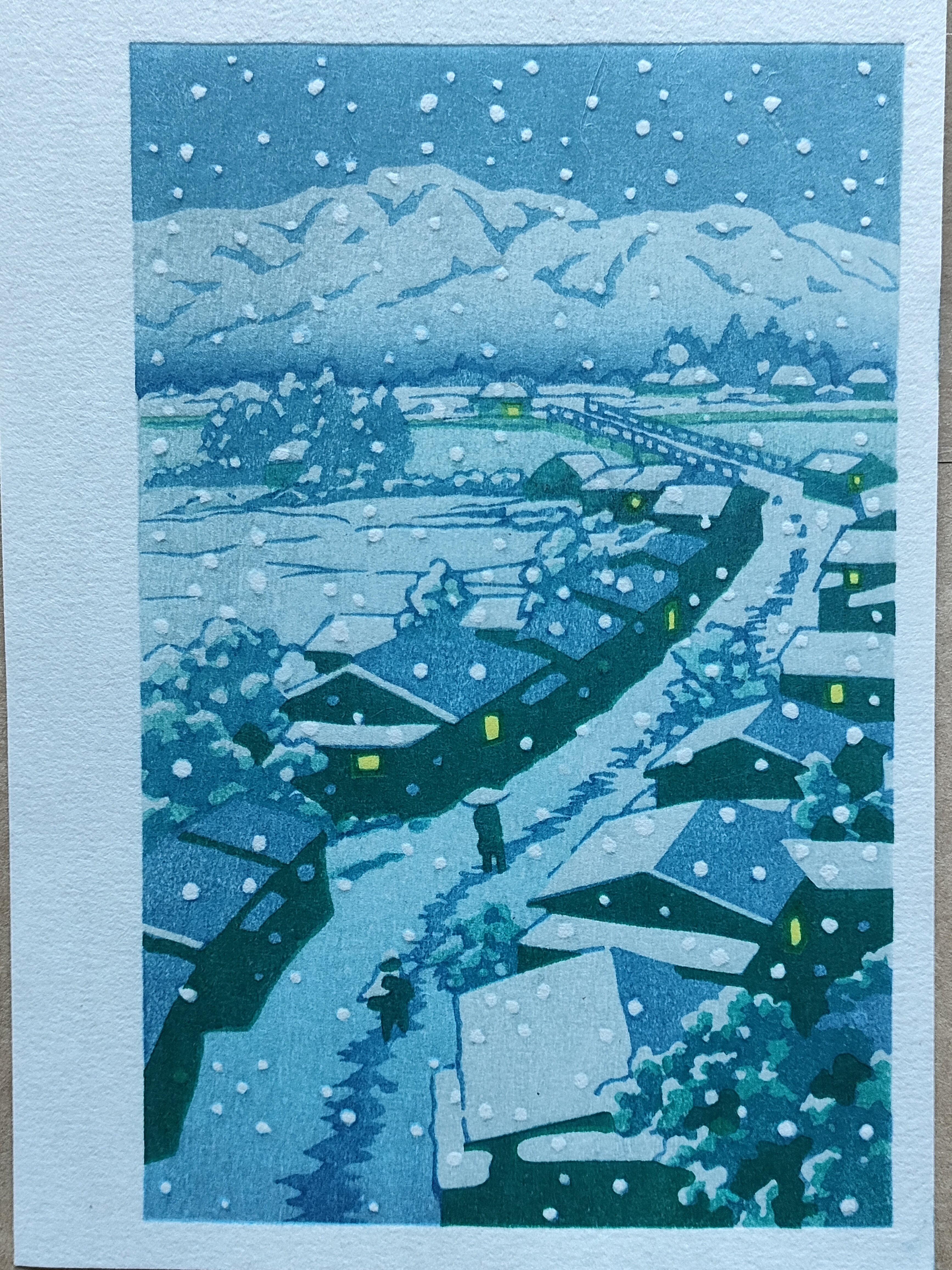 ちょこっと木版画の中へ『雪の夜』絵師:川瀬巴水｜康恵のアトリエ