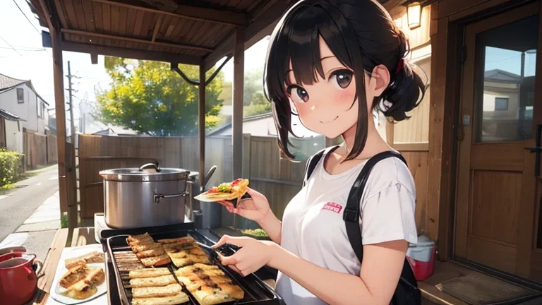 ピザかチヂミ焼いてる女の子