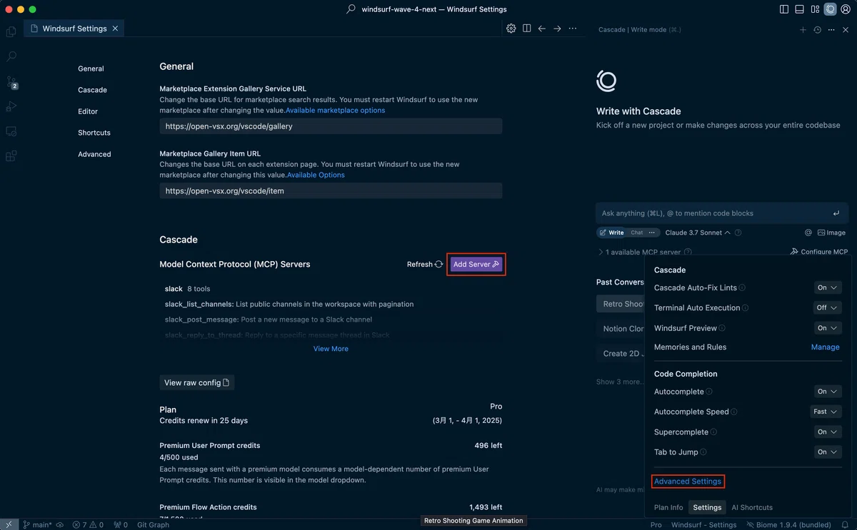 Windsurf - Settings -> Settings -> Advanced Settings -> Add Server