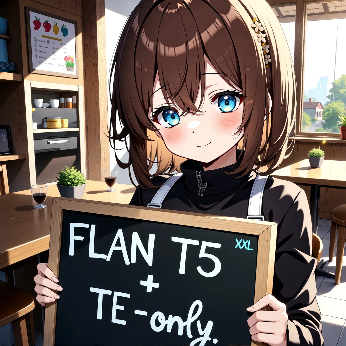 Anime Illustration of A young girl holding a chalkboard that says flan t5 xxl and te-only