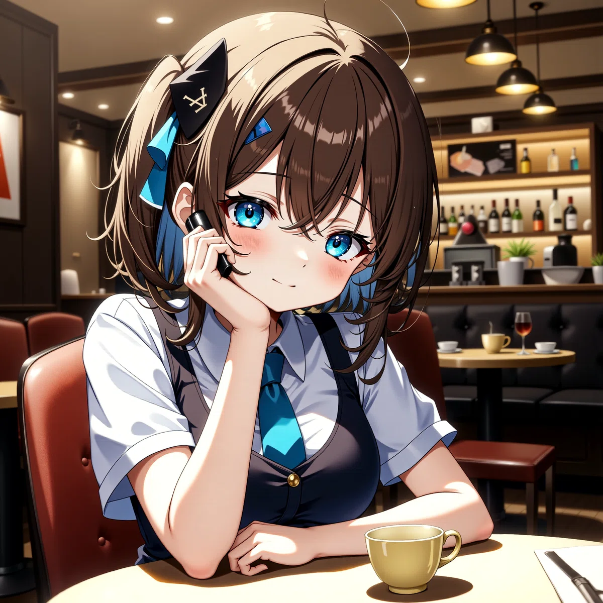 Anime Illustration of A young woman sitting at a table in a cafe