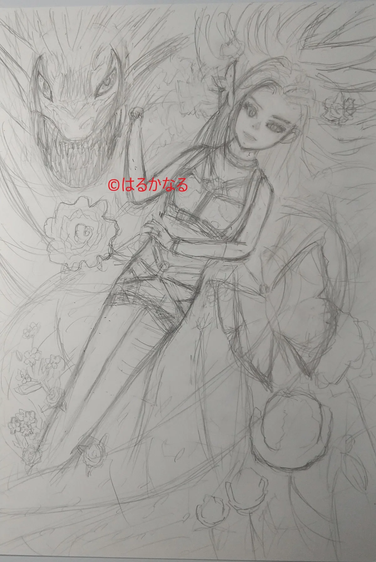 ☆創作☆ 竜人 手描きイラスト （城を守るドラゴンのファンタジー 