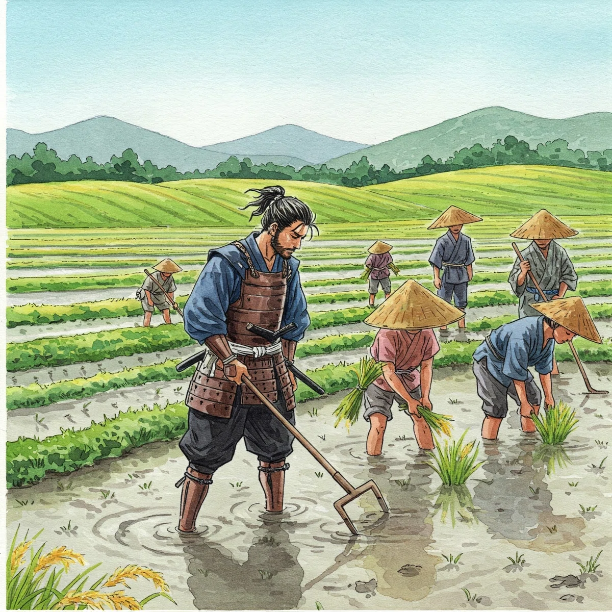 江戸時代の侍が田植えを手伝うシーンの水彩画、ジェミニ生成AIによる絵です