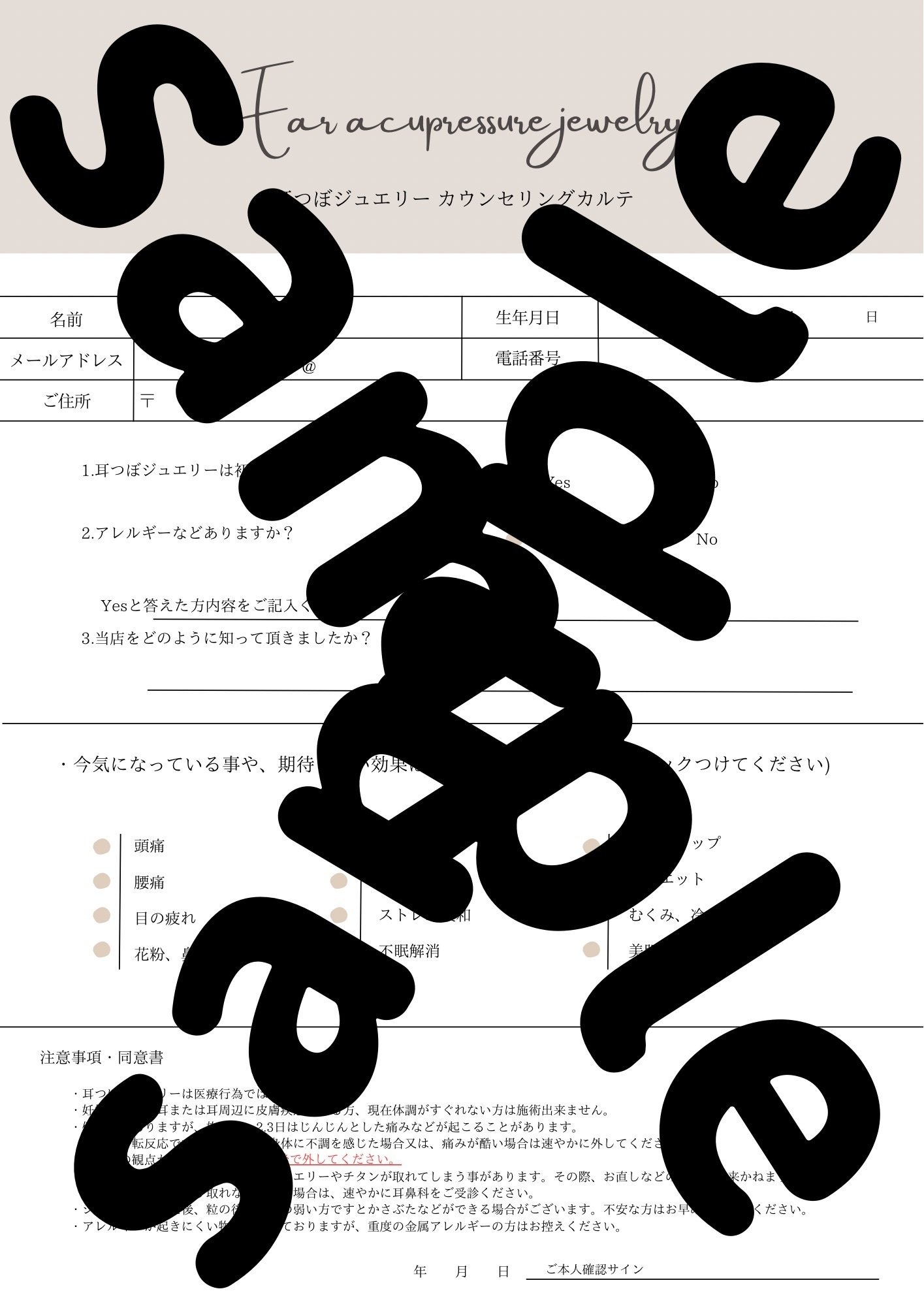 耳ツボジュエリー☆つぼ表、説明書、ご案内表、同意書 （1day