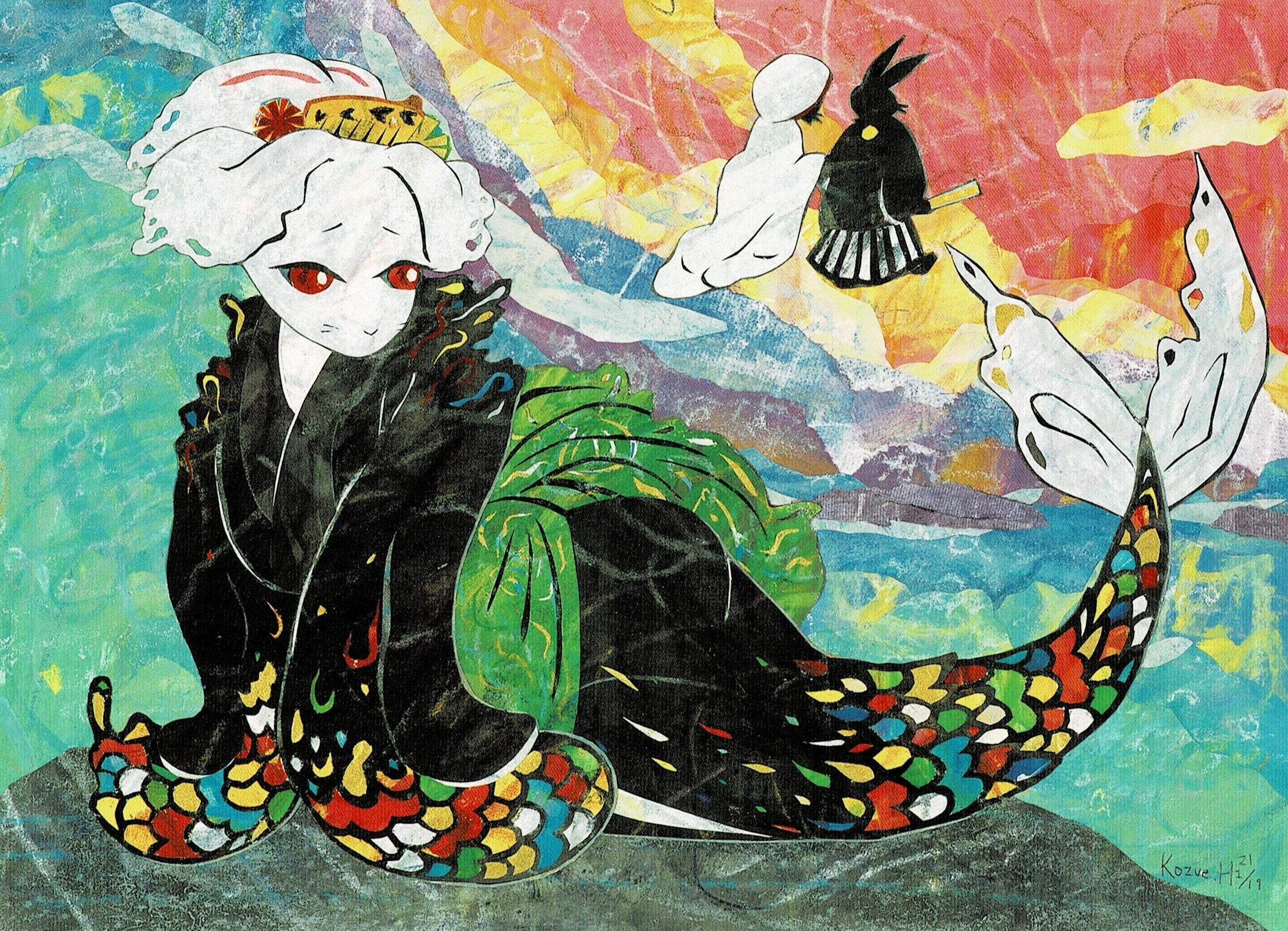 灯夜雪 「少女とことり」 オリジナル作品 切り絵アート 額付き B4 