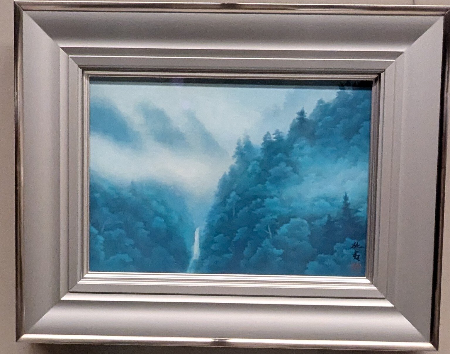 【真作】絵画　染筆の美しい日本画額装　静寂の山峡　風景画　幽谷の塔　V11 960px-
